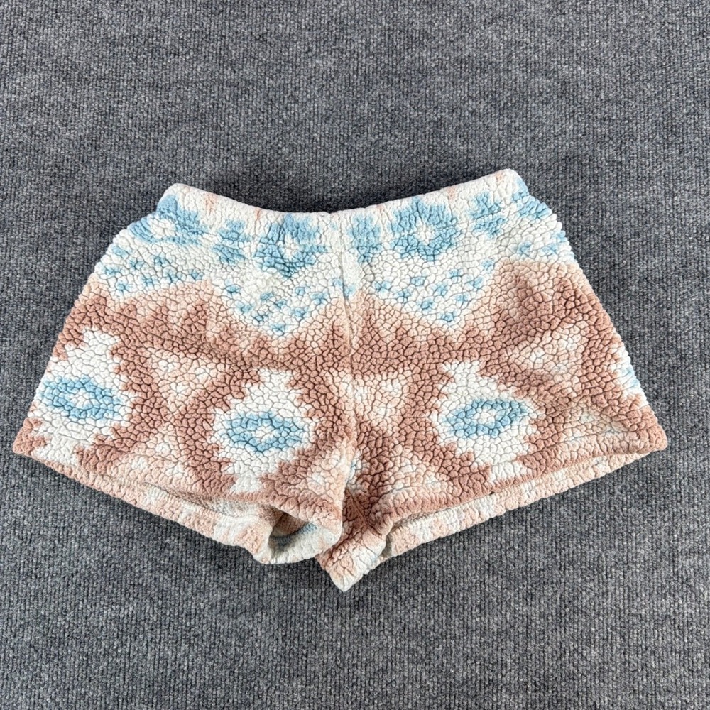 Sugar & Jade Sherpa Pajama Shorts Blue‎ Tan Geometric Fleece Sleepwear Size L